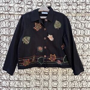 Sara Studio Fall Leaves Embroidered Button Front Black Canvas Jacket MEDIUM